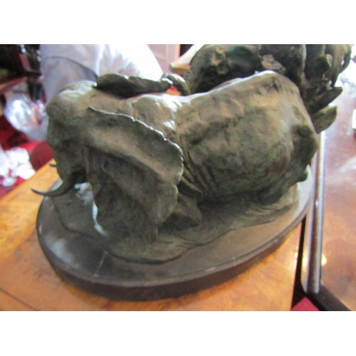 337 - Bronze Sculpture Elephants Well Chased and Modelled on Oval Form Marble Base Approximately 16 Inches... 