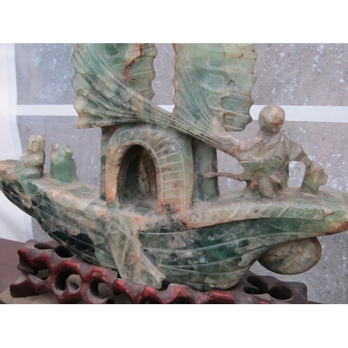 352 - Carved Jade Boat Form Sculpture Now Converted for Use as Table Lamp Approximately 17 Inches Wide