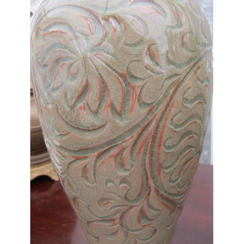 354 - Pale Green Ground Oriental Vase with Incised Decoration Approximately 16 Inches High