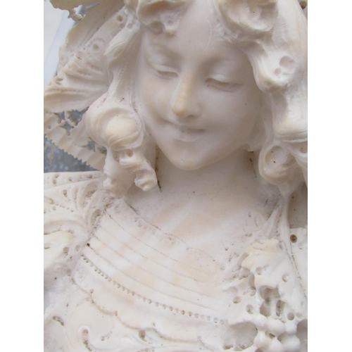 355 - Antique Carved Marble Bust of Lady with Hat on Pedestal Base Approximately 22 Inches High