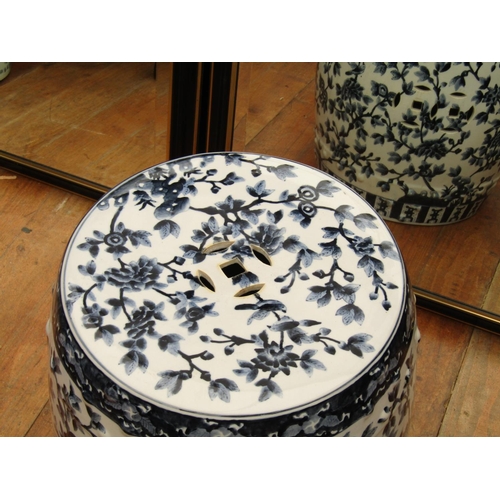 367 - Blue and White Barrel Form Porcelain Seat with Floral and Branch Motif Decoration Approximately 23 I... 