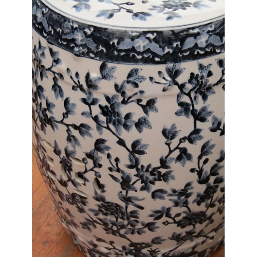 367 - Blue and White Barrel Form Porcelain Seat with Floral and Branch Motif Decoration Approximately 23 I... 