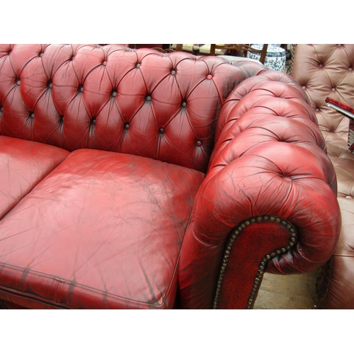 374 - Burgundy Leather Deep Button Upholstered Chesterfield Settee Approximately 5ft 6 Inches Wide