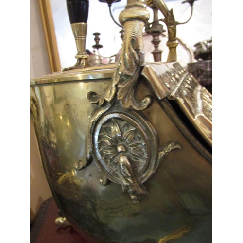 400 - Victorian Boat Form Cast Brass Fuel Companion with Original Shovel and Handle Attractive Design