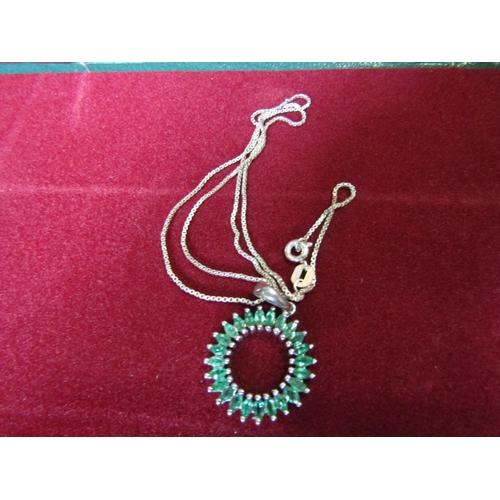 403 - Matching Solid Silver Pendant Ladies Necklace Inset with Emeralds Hanging on Silver Chain