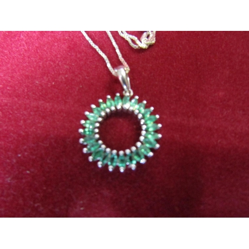 403 - Matching Solid Silver Pendant Ladies Necklace Inset with Emeralds Hanging on Silver Chain