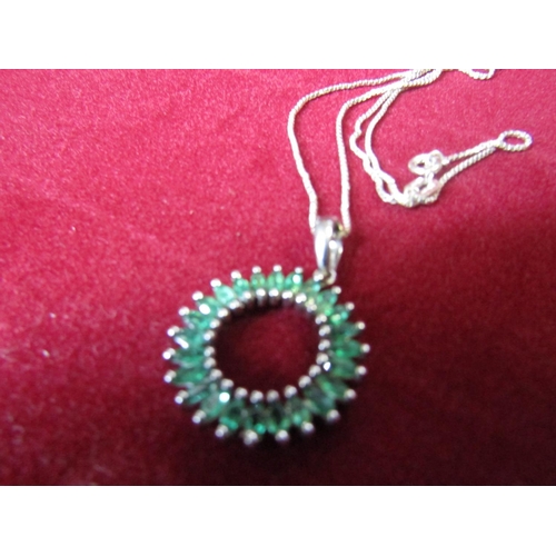 403 - Matching Solid Silver Pendant Ladies Necklace Inset with Emeralds Hanging on Silver Chain