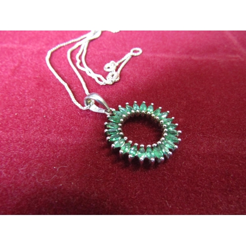 403 - Matching Solid Silver Pendant Ladies Necklace Inset with Emeralds Hanging on Silver Chain