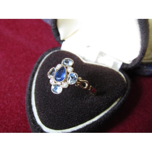 412 - Sapphire Aquamarine and Pearl Mounted Ladies 9 Carat Gold Ring Size R Attractive Form