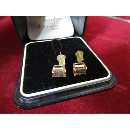 418 - Pair of 9 Carat Gold Mounted Rectangular Cut Smokey Garnet Ladies Earrings