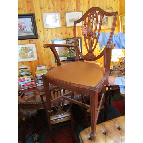 433 - Antique Set of Six Hepplewhite Shield Back Mahogany Chairs with Tan Leather Seats above Well Carved ... 