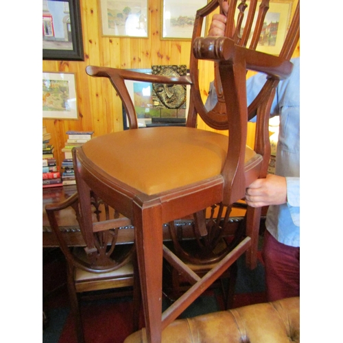 433 - Antique Set of Six Hepplewhite Shield Back Mahogany Chairs with Tan Leather Seats above Well Carved ... 