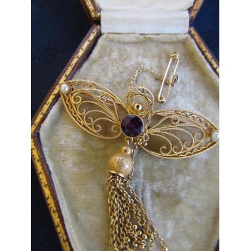 445 - Antique 18 Carat Yellow Gold Butterfly Motif Ladies Brooch with Central Amethyst Stone and Seed Pear... 