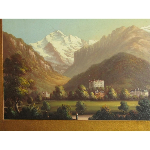 459 - Antique School Alpine Scene with Castle Oil on Board Approximately 16 Inches High x 20 Inches Wide S... 