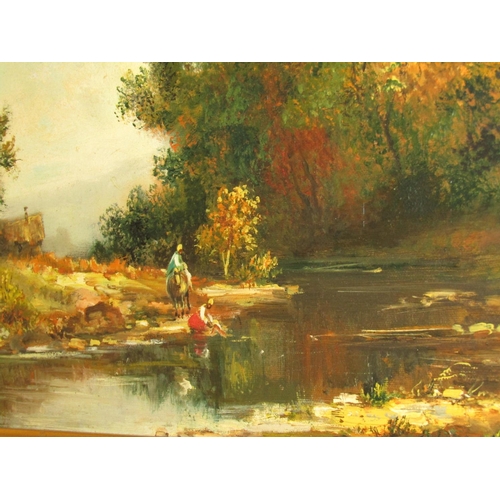 460 - Frederick Leitr Munich School Figures by River Oil on Canvas Approximately 20 Inches High x 32 Inche... 