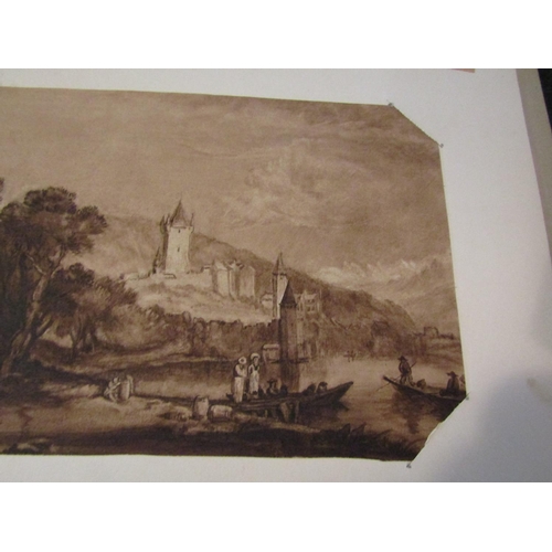 461 - Continental School Shoreland Scene with Castle Beyond Indian Ink Victorian Mounted Unframed Approxim... 