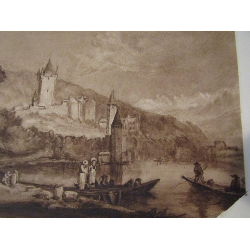 461 - Continental School Shoreland Scene with Castle Beyond Indian Ink Victorian Mounted Unframed Approxim... 