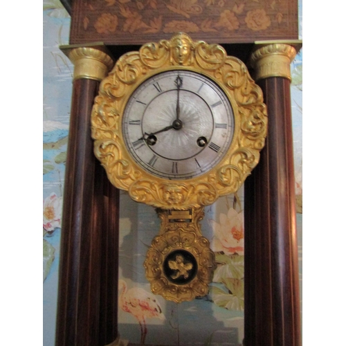 468 - Victorian Marquetry Decorated Corinthian Column Mounted Clock with Roman Numeral Decorated Silvered ... 