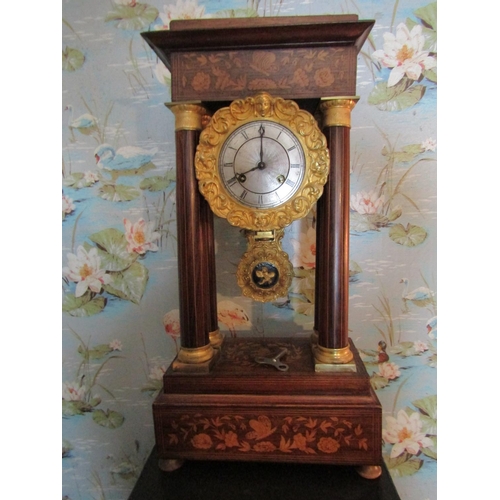 468 - Victorian Marquetry Decorated Corinthian Column Mounted Clock with Roman Numeral Decorated Silvered ... 