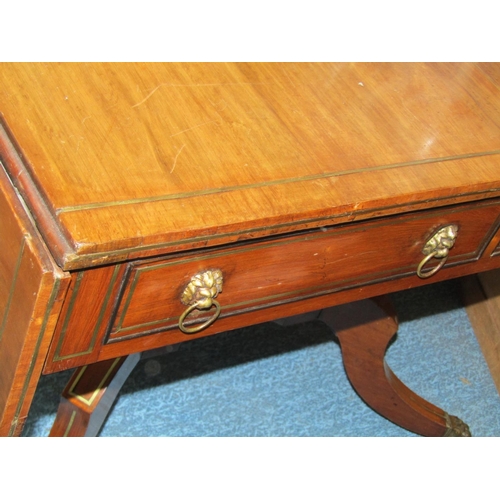 493 - Regency Rosewood Twin Drawer Library Table with Drop Leafs Brass Inlaid Decoration above Well Shaped... 