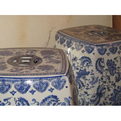 494 - Pair of Blue and White Oriental Barrel Seats of Shaped Form Each Approximately 24 Inches High x 12 I... 