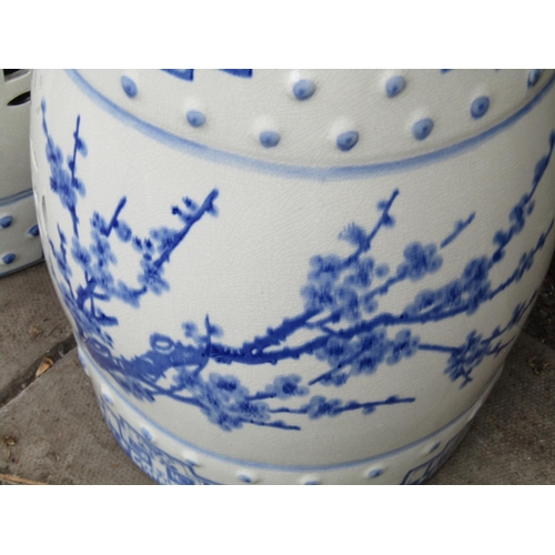 504 - Pair of Oriental Blue and White Barrel Seats with Fairy Thorn Motif Decoration Each Approximately 22... 