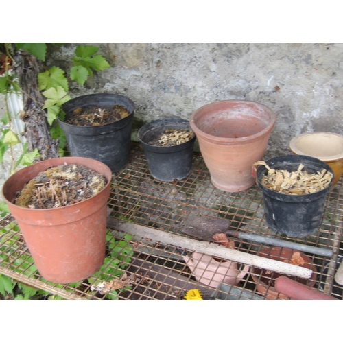 505 - Various Plant Pots and Three Cast Metal Plant Rests Each Approximately 4ft 6 Inches Wide