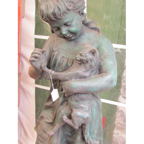 522 - Original Bronze Sculpture Girl with Cat Life-Size Finely Detailed Approximately 5ft High