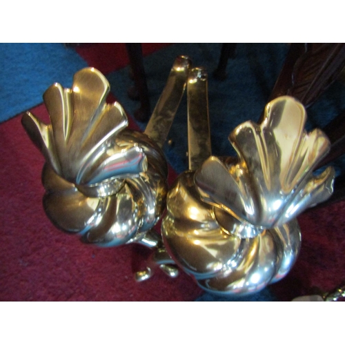 526 - Large Imposing Pair of Antique Cast Brass Fire Ends with Flame Motif Decoration Each Approximately 1... 