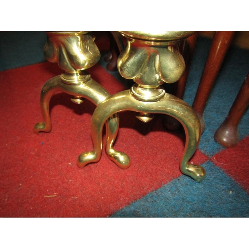 526 - Large Imposing Pair of Antique Cast Brass Fire Ends with Flame Motif Decoration Each Approximately 1... 