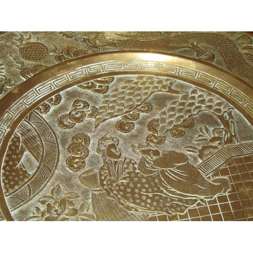 529 - Antique Cast Brass Charger Depicting Figures in Landscape Signed with Characters to Verso Approximat... 