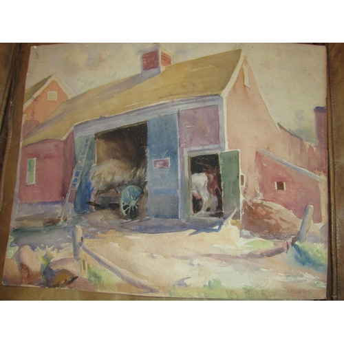 541 - Antique American Watercolour Sunlit Barnyard Scene Approximately 18 Inches High x 20 Inches Wide Sig... 