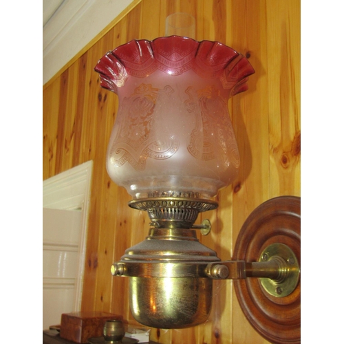 544 - Pair of Victorian Oil Well Wall Mounted Lamps with Finely Engraved Ruby Glass Shades Each Approximat... 