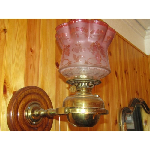 544 - Pair of Victorian Oil Well Wall Mounted Lamps with Finely Engraved Ruby Glass Shades Each Approximat... 