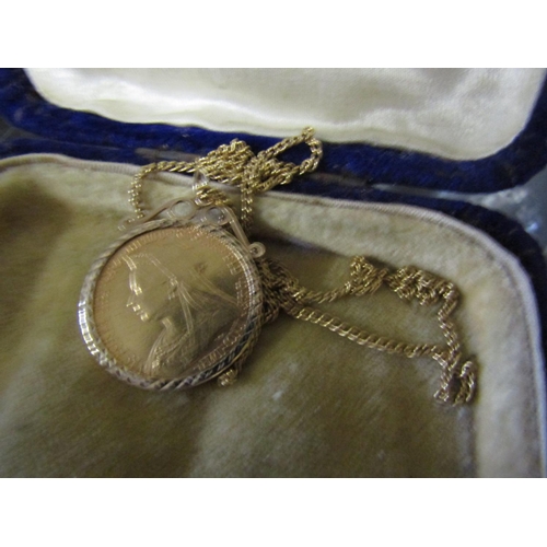 553 - Antique Full Sovereign Gold Dated 1900 contained within 9 Carat Gold Mount Hung from Gold Chain