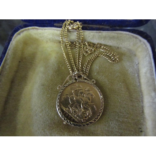 553 - Antique Full Sovereign Gold Dated 1900 contained within 9 Carat Gold Mount Hung from Gold Chain