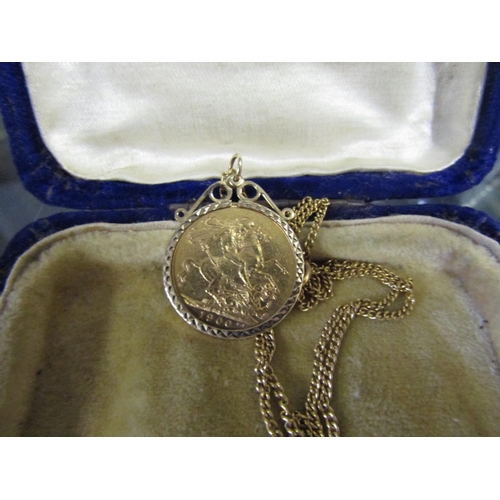 553 - Antique Full Sovereign Gold Dated 1900 contained within 9 Carat Gold Mount Hung from Gold Chain