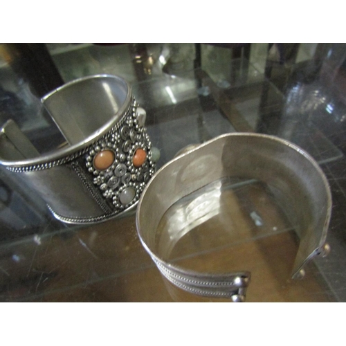 558 - Two Silver Bangles Gemstone Set Cuff Form