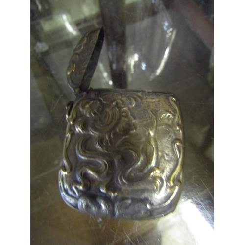 565 - Antique Art Nouveau Vesta Case Depicting Lady with Flowing Hair Side Profile Hinged Cover