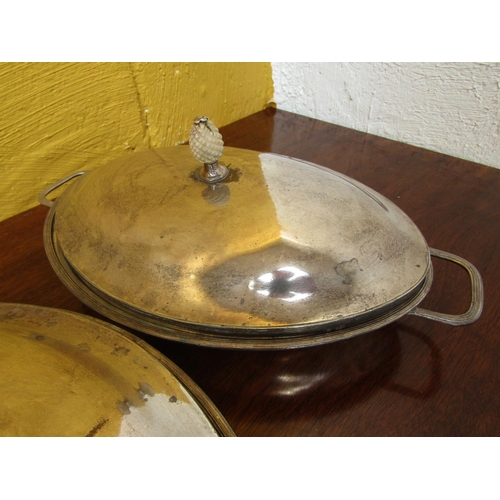 579 - Pair of Oval Form Antique Silver Plated Entre Dishes with Pineapple Motif Carved Finial Decoration ... 