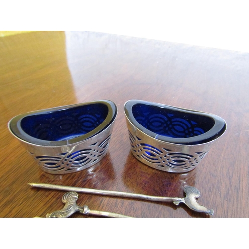 588 - Pair of Antique Solid Silver Boat Form Salts with Original Bristol Blue Glass Liners and Set of Five... 