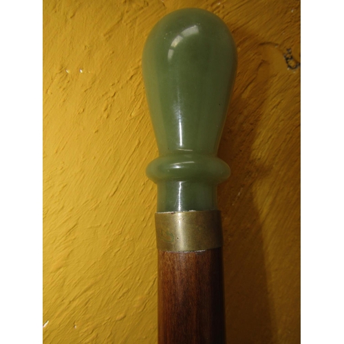 595 - Old Carved Jade Handled Walking Cane Approximately 34 Inches High