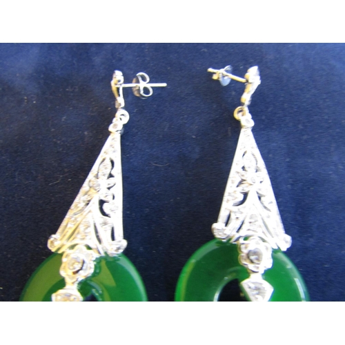 600 - Pair of Solid Silver Mounted Ladies Carved Jade Drop Pendant Earrings