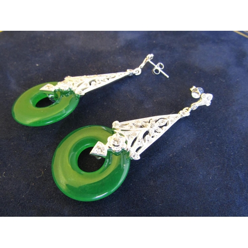 600 - Pair of Solid Silver Mounted Ladies Carved Jade Drop Pendant Earrings