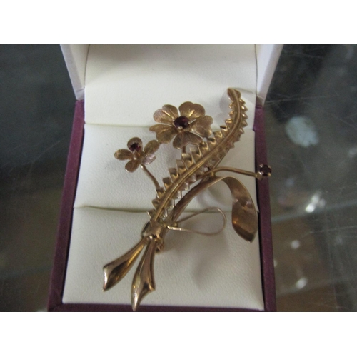 608 - 18 Carat Yellow Gold Ladies Floral Spray Motif Brooch with Ruby Inset Flowers Good Size and Weight