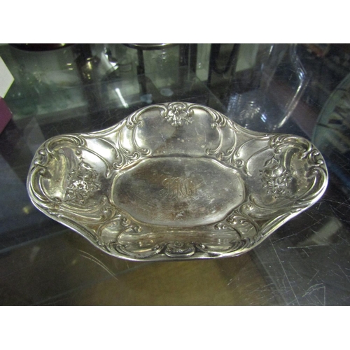 614 - Antique Solid Silver Basket Form Dish with Embossed Decoration Approximately 6 Inches Wide