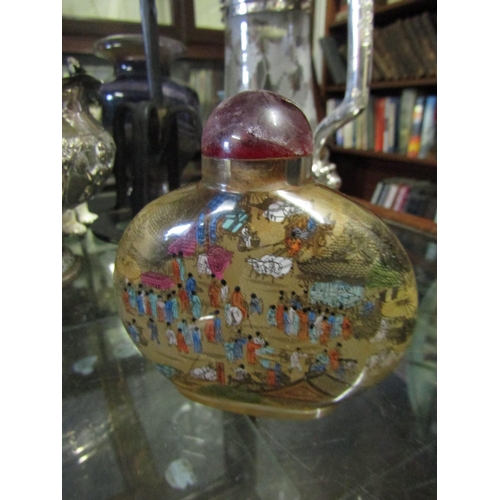 615 - Chinese Reverse Glass Painted Snuff Bottle of Globe Form with Original Cover Approximately 4 Inches ... 