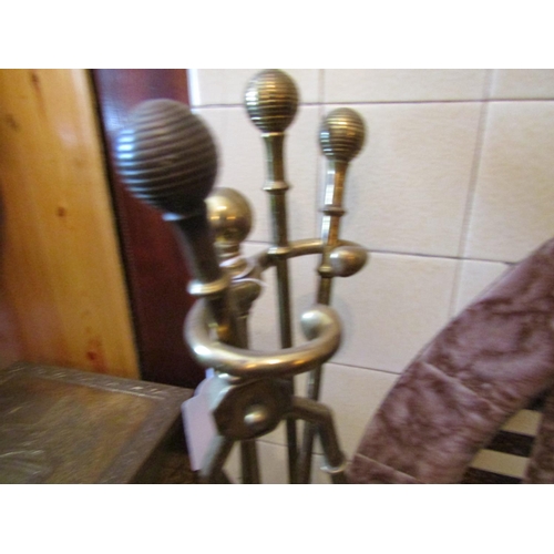 628 - Set of Three Antique Cast Brass Fire Irons with Integral Rest and Trivet