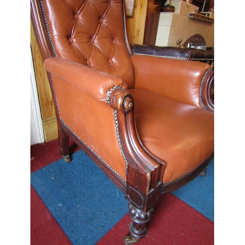 635 - William IV Library Armchair with Tan Leather Deep Button Upholstery above Turned Supports