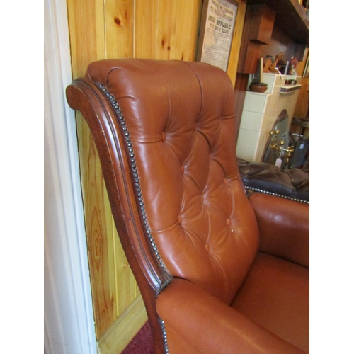 635 - William IV Library Armchair with Tan Leather Deep Button Upholstery above Turned Supports